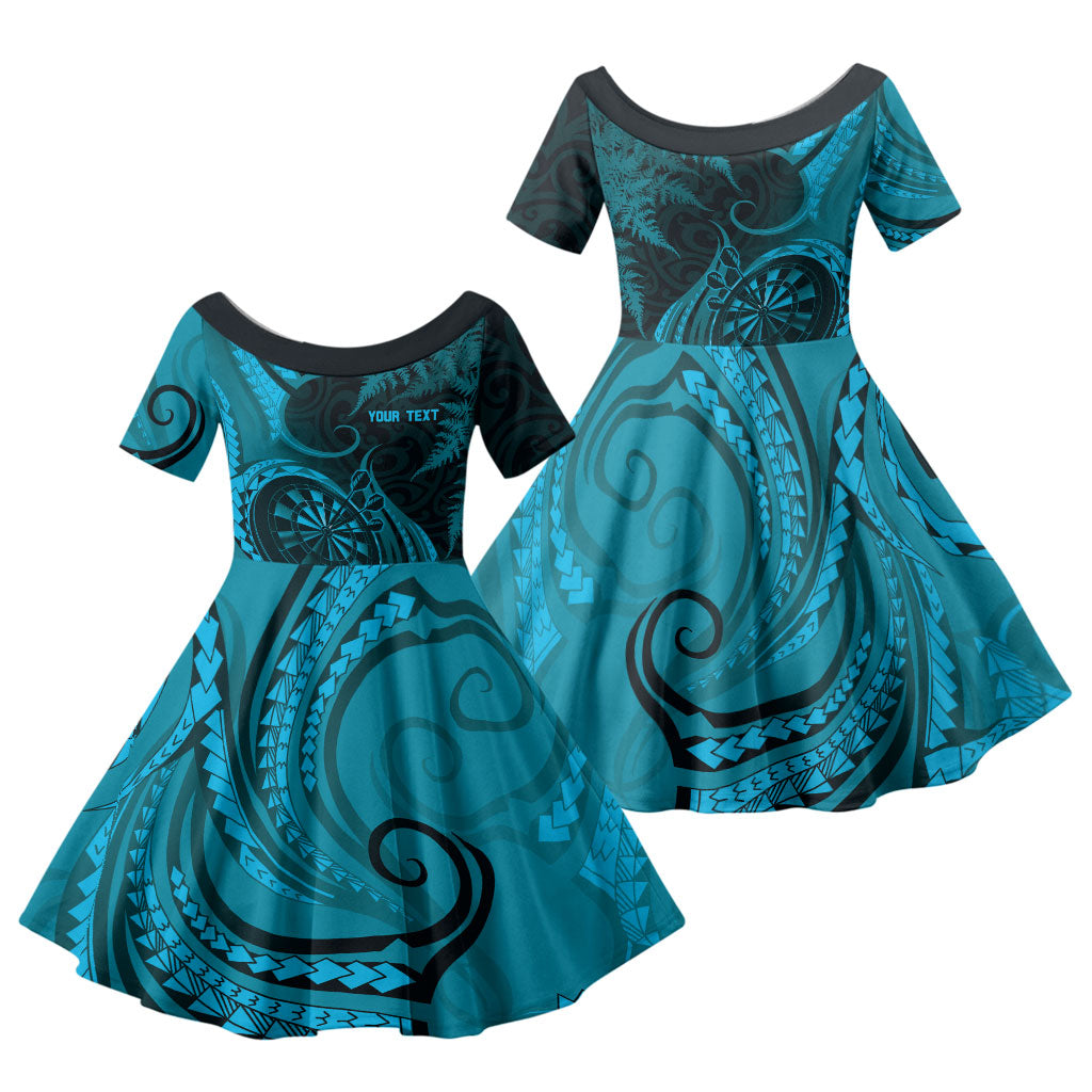 Personalised New Zealand Turquoise Darts Family Matching Off The Shoulder Long Sleeve Dress and Hawaiian Shirt Maori Fern Curve Style