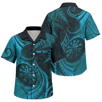 Personalised New Zealand Turquoise Darts Family Matching Off The Shoulder Long Sleeve Dress and Hawaiian Shirt Maori Fern Curve Style