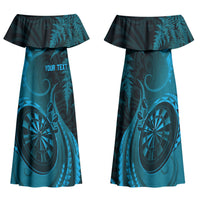 Personalised New Zealand Turquoise Darts Family Matching Off Shoulder Maxi Dress and Hawaiian Shirt Maori Fern Curve Style