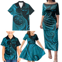 Personalised New Zealand Turquoise Darts Family Matching Puletasi and Hawaiian Shirt Maori Fern Curve Style