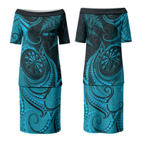 Personalised New Zealand Turquoise Darts Family Matching Puletasi and Hawaiian Shirt Maori Fern Curve Style