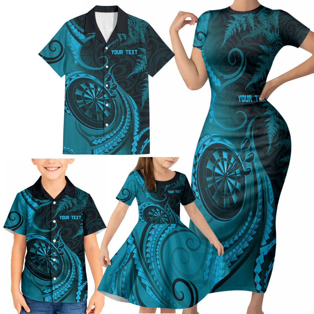 Personalised New Zealand Turquoise Darts Family Matching Short Sleeve Bodycon Dress and Hawaiian Shirt Maori Fern Curve Style
