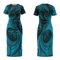 Personalised New Zealand Turquoise Darts Family Matching Short Sleeve Bodycon Dress and Hawaiian Shirt Maori Fern Curve Style