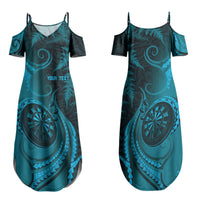 Personalised New Zealand Turquoise Darts Family Matching Summer Maxi Dress and Hawaiian Shirt Maori Fern Curve Style