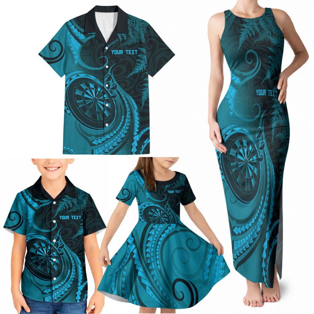 Personalised New Zealand Turquoise Darts Family Matching Tank Maxi Dress and Hawaiian Shirt Maori Fern Curve Style