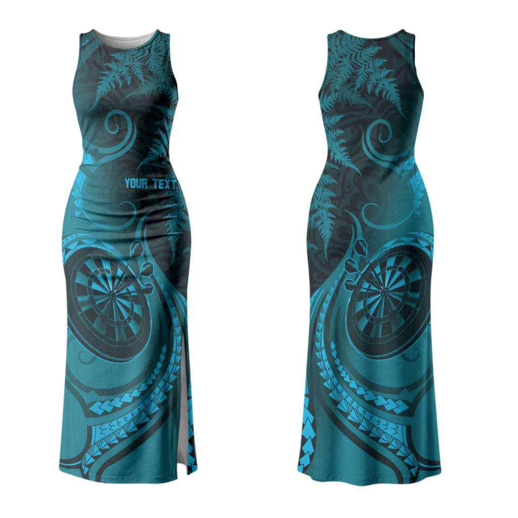 Personalised New Zealand Turquoise Darts Family Matching Tank Maxi Dress and Hawaiian Shirt Maori Fern Curve Style