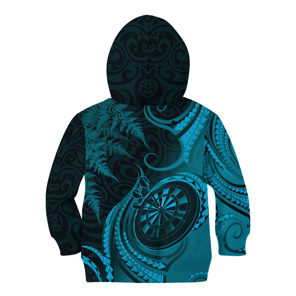 Personalised New Zealand Turquoise Darts Kid Hoodie Maori Fern Curve Style