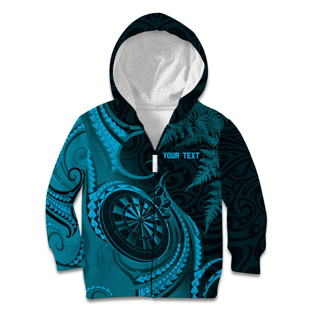 Personalised New Zealand Turquoise Darts Kid Hoodie Maori Fern Curve Style