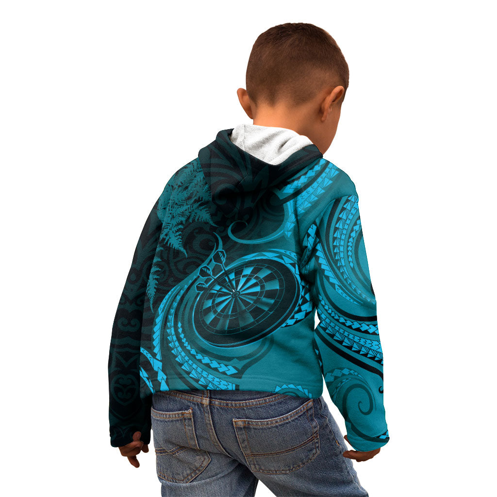 Personalised New Zealand Turquoise Darts Kid Hoodie Maori Fern Curve Style