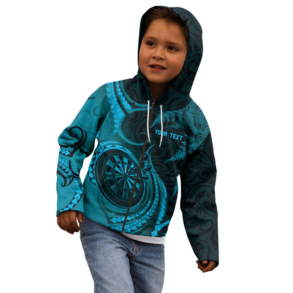 Personalised New Zealand Turquoise Darts Kid Hoodie Maori Fern Curve Style