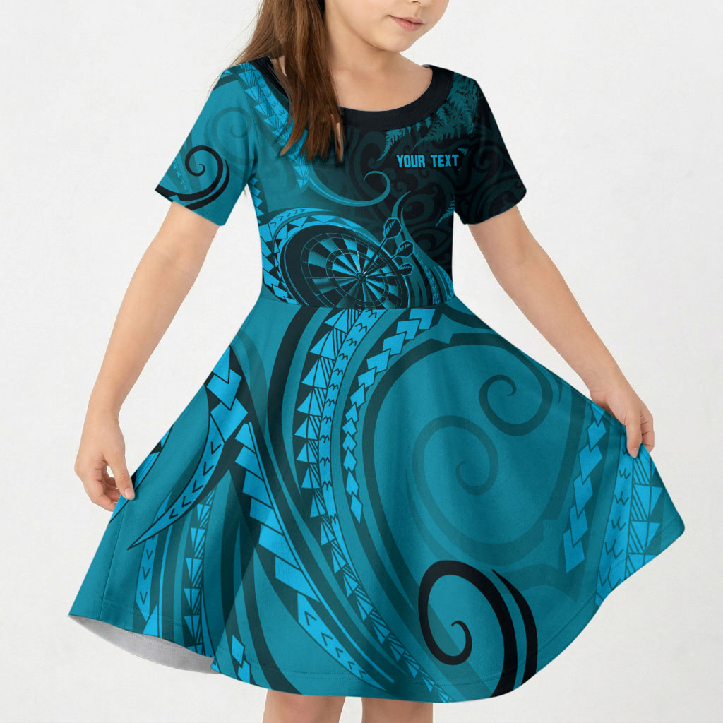Personalised New Zealand Turquoise Darts Kid Short Sleeve Dress Maori Fern Curve Style