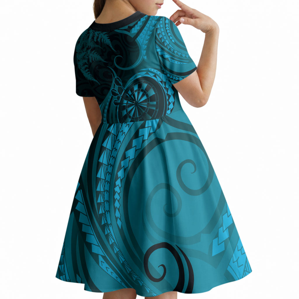 Personalised New Zealand Turquoise Darts Kid Short Sleeve Dress Maori Fern Curve Style