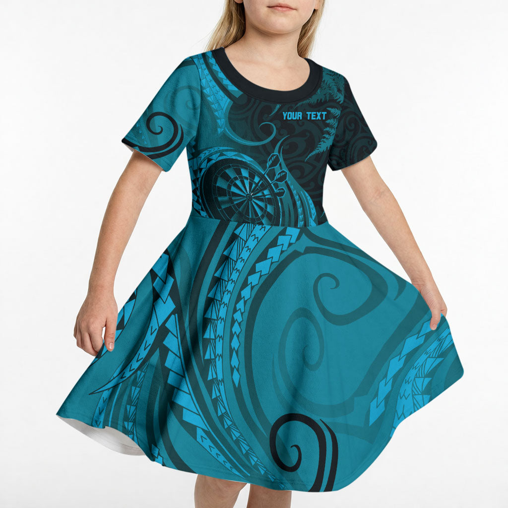 Personalised New Zealand Turquoise Darts Kid Short Sleeve Dress Maori Fern Curve Style