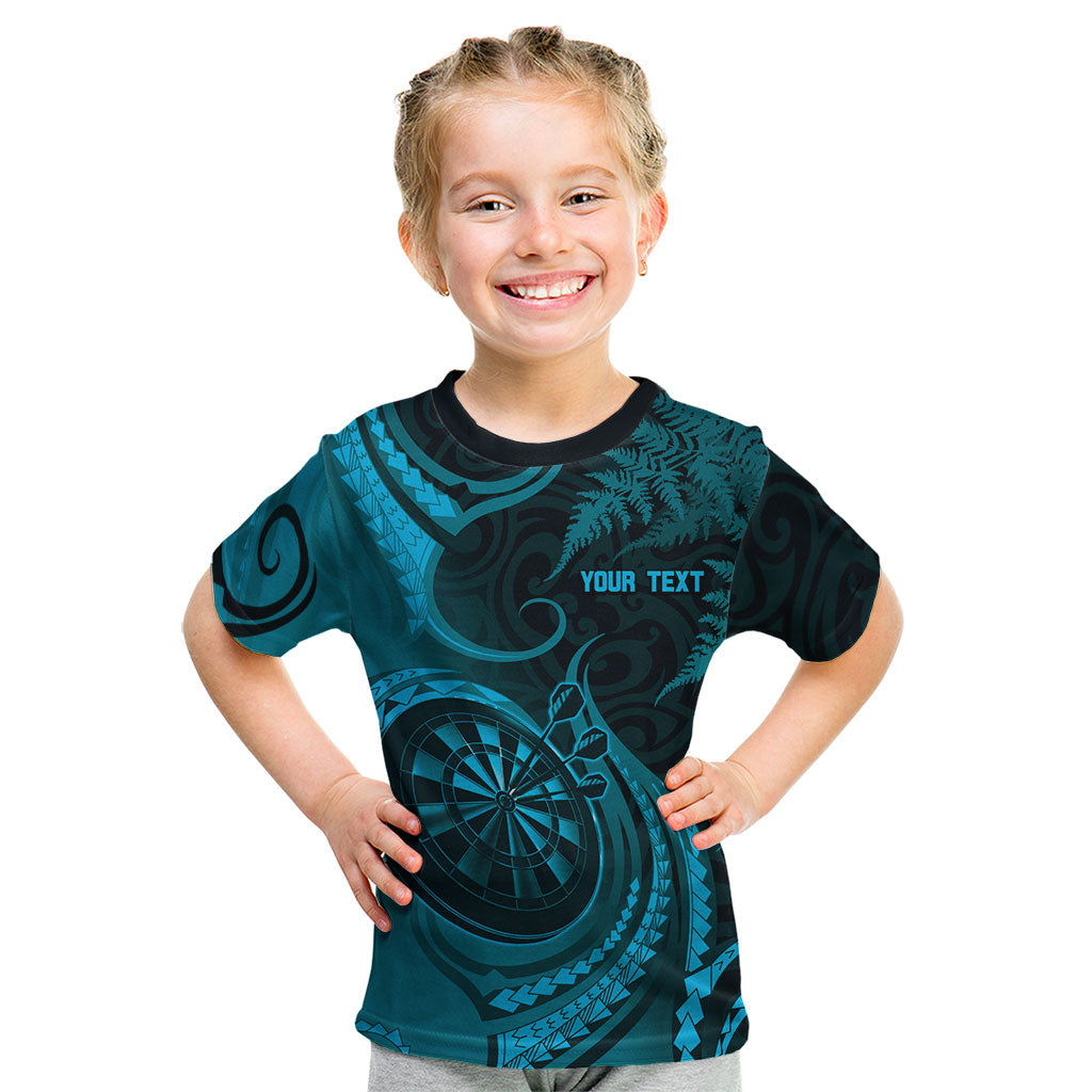 Personalised New Zealand Turquoise Darts Kid T Shirt Maori Fern Curve Style