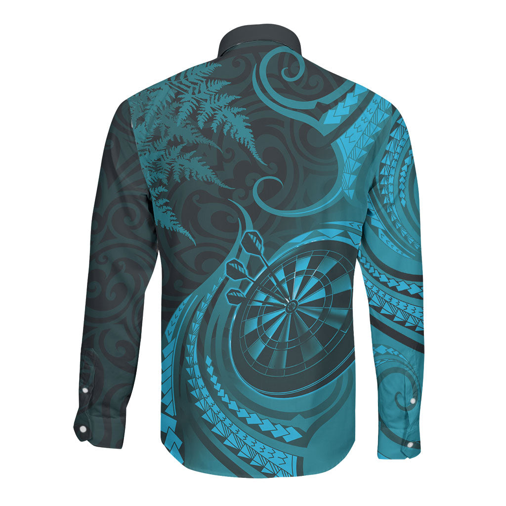 Personalised New Zealand Turquoise Darts Long Sleeve Button Shirt Maori Fern Curve Style
