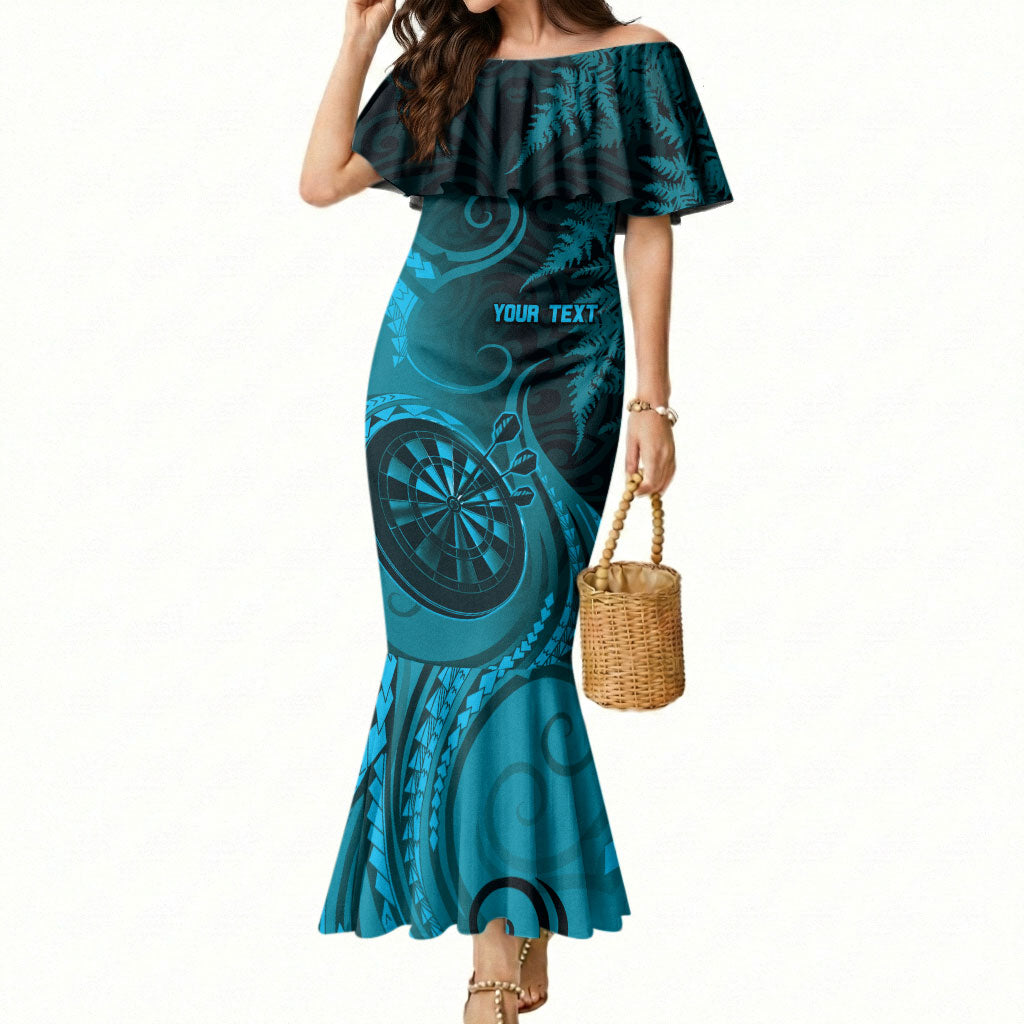Personalised New Zealand Turquoise Darts Mermaid Dress Maori Fern Curve Style