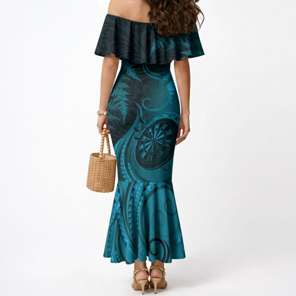 Personalised New Zealand Turquoise Darts Mermaid Dress Maori Fern Curve Style