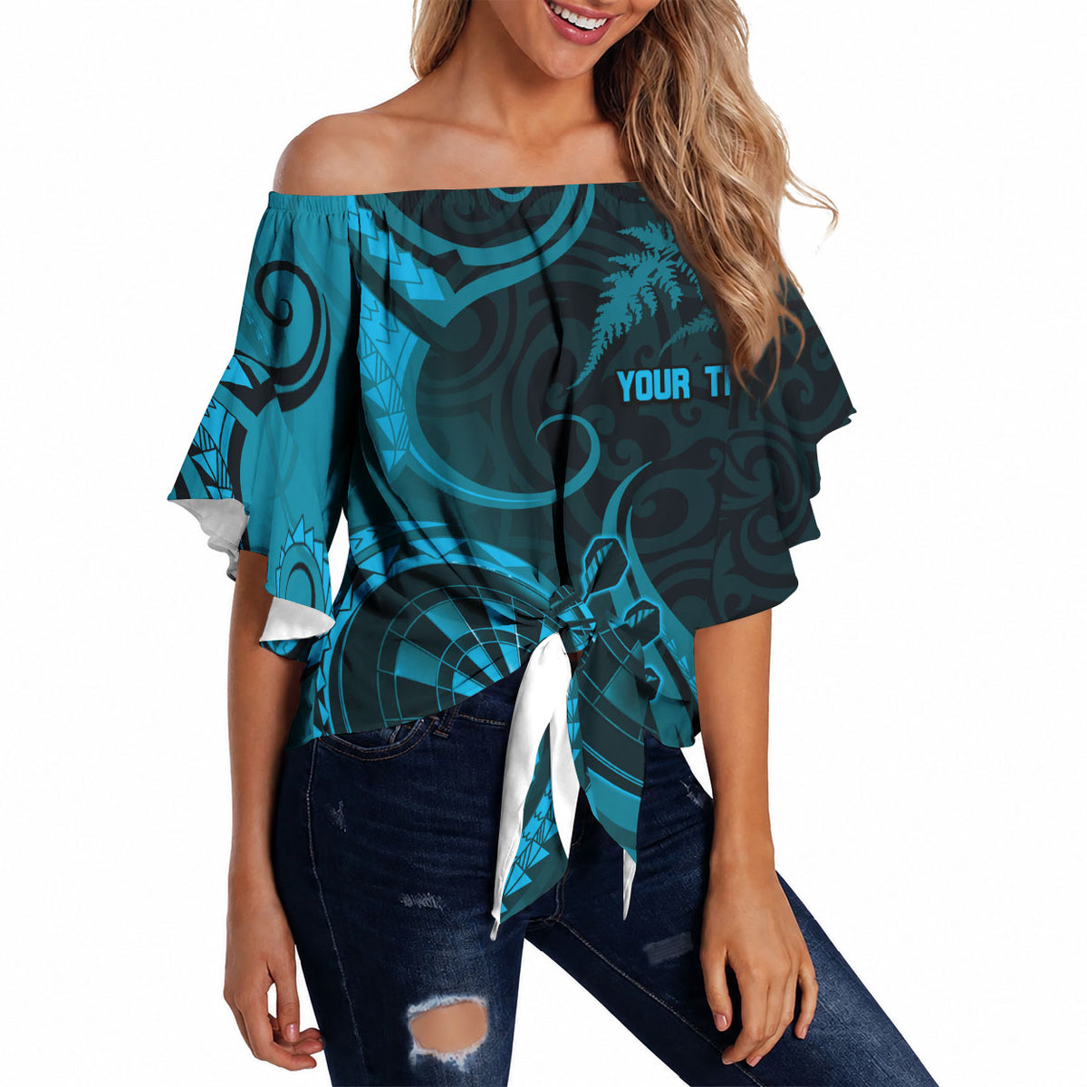 Personalised New Zealand Turquoise Darts Off Shoulder Wrap Waist Top Maori Fern Curve Style