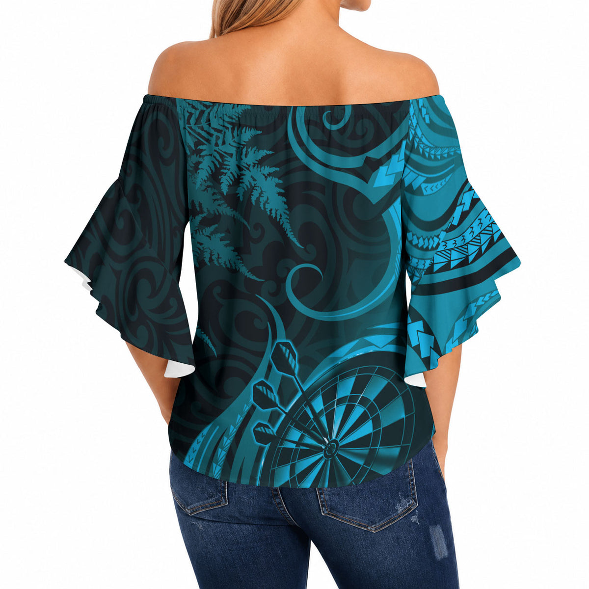 Personalised New Zealand Turquoise Darts Off Shoulder Wrap Waist Top Maori Fern Curve Style