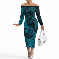 Personalised New Zealand Turquoise Darts Off The Shoulder Long Sleeve Dress Maori Fern Curve Style