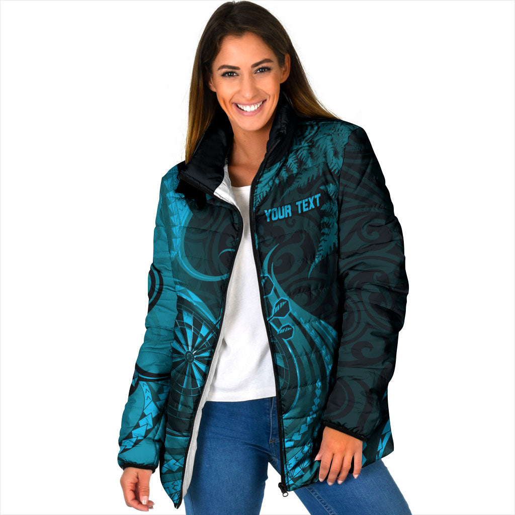 Personalised New Zealand Turquoise Darts Padded Jacket Maori Fern Curve Style