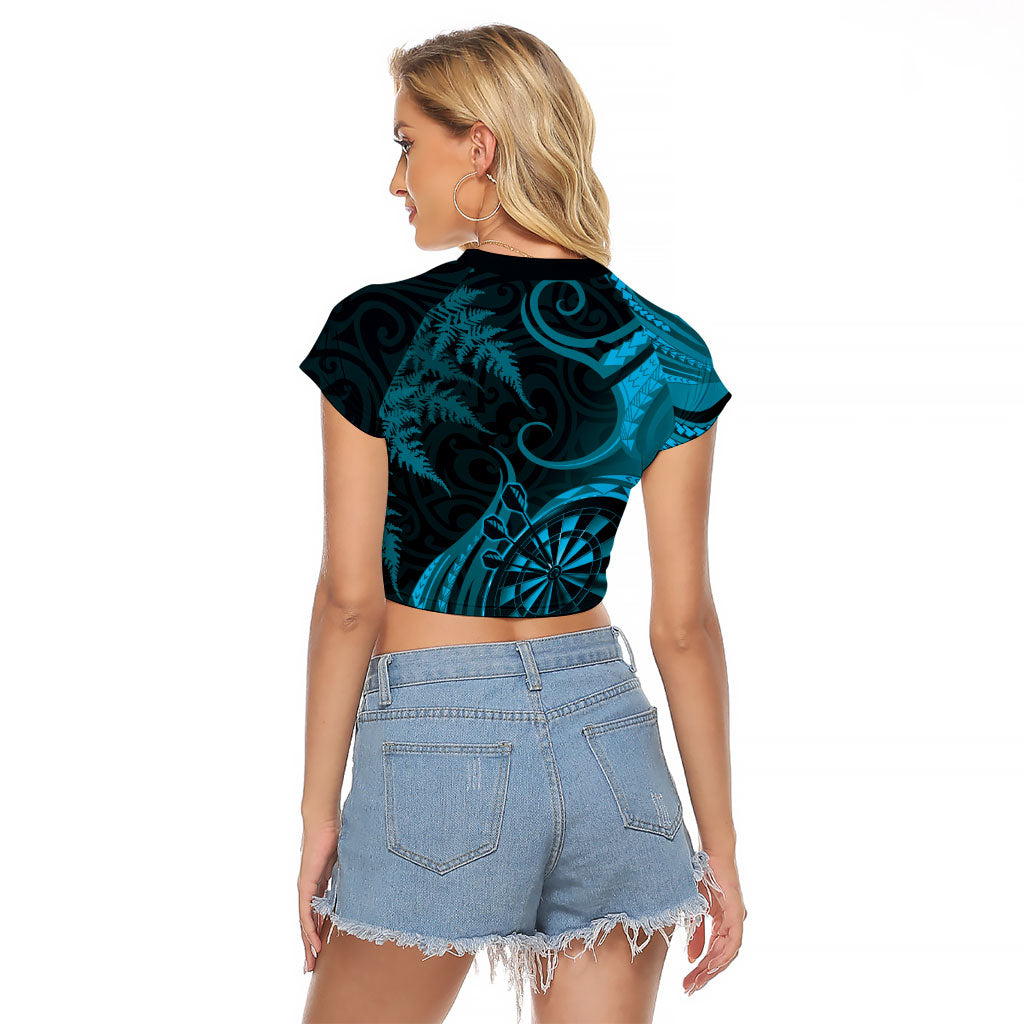 Personalised New Zealand Turquoise Darts Raglan Cropped T Shirt Maori Fern Curve Style