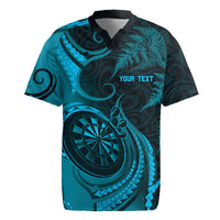 Personalised New Zealand Turquoise Darts Rugby Jersey Maori Fern Curve Style