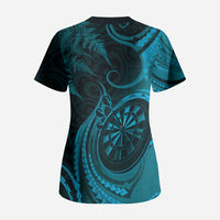 Personalised New Zealand Turquoise Darts Scrub Top Maori Fern Curve Style
