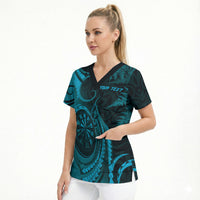 Personalised New Zealand Turquoise Darts Scrub Top Maori Fern Curve Style