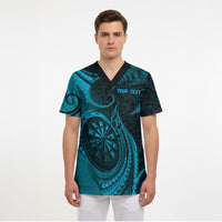 Personalised New Zealand Turquoise Darts Scrub Top Maori Fern Curve Style