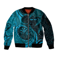 Personalised New Zealand Turquoise Darts Sleeve Zip Bomber Jacket Maori Fern Curve Style