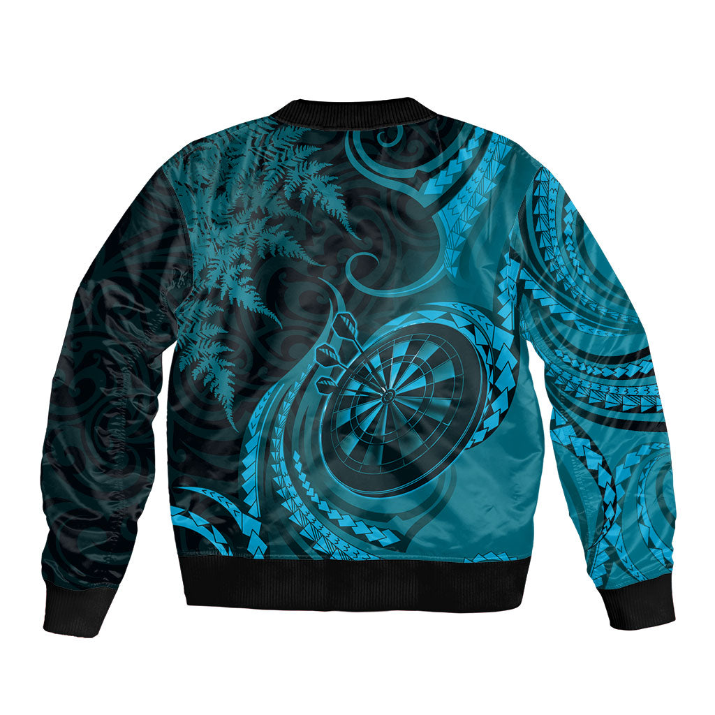 Personalised New Zealand Turquoise Darts Sleeve Zip Bomber Jacket Maori Fern Curve Style