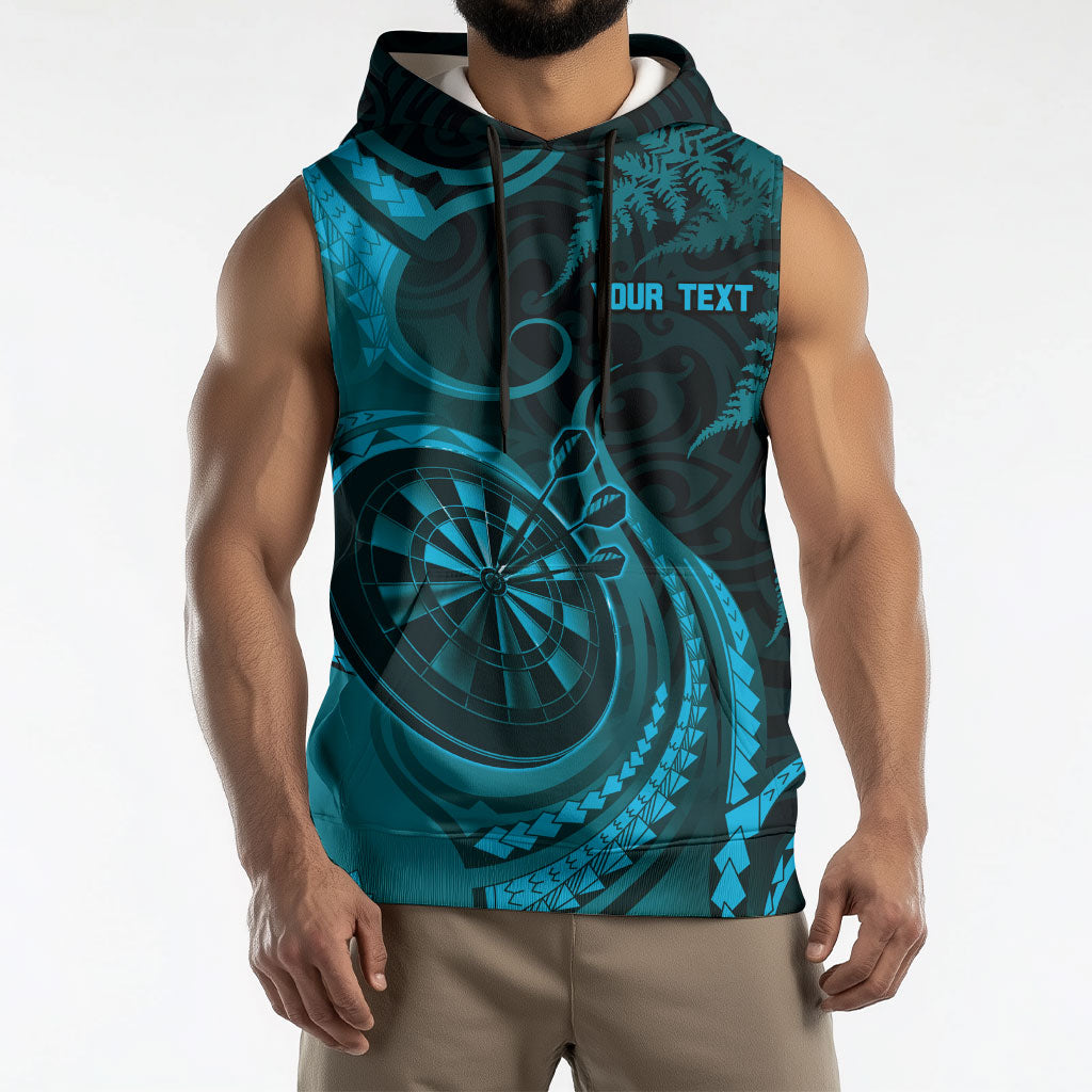 Personalised New Zealand Turquoise Darts Sleeveless Hoodie Maori Fern Curve Style