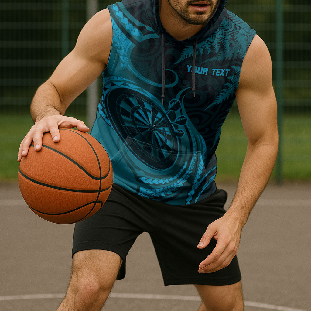 Personalised New Zealand Turquoise Darts Sleeveless Hoodie Maori Fern Curve Style