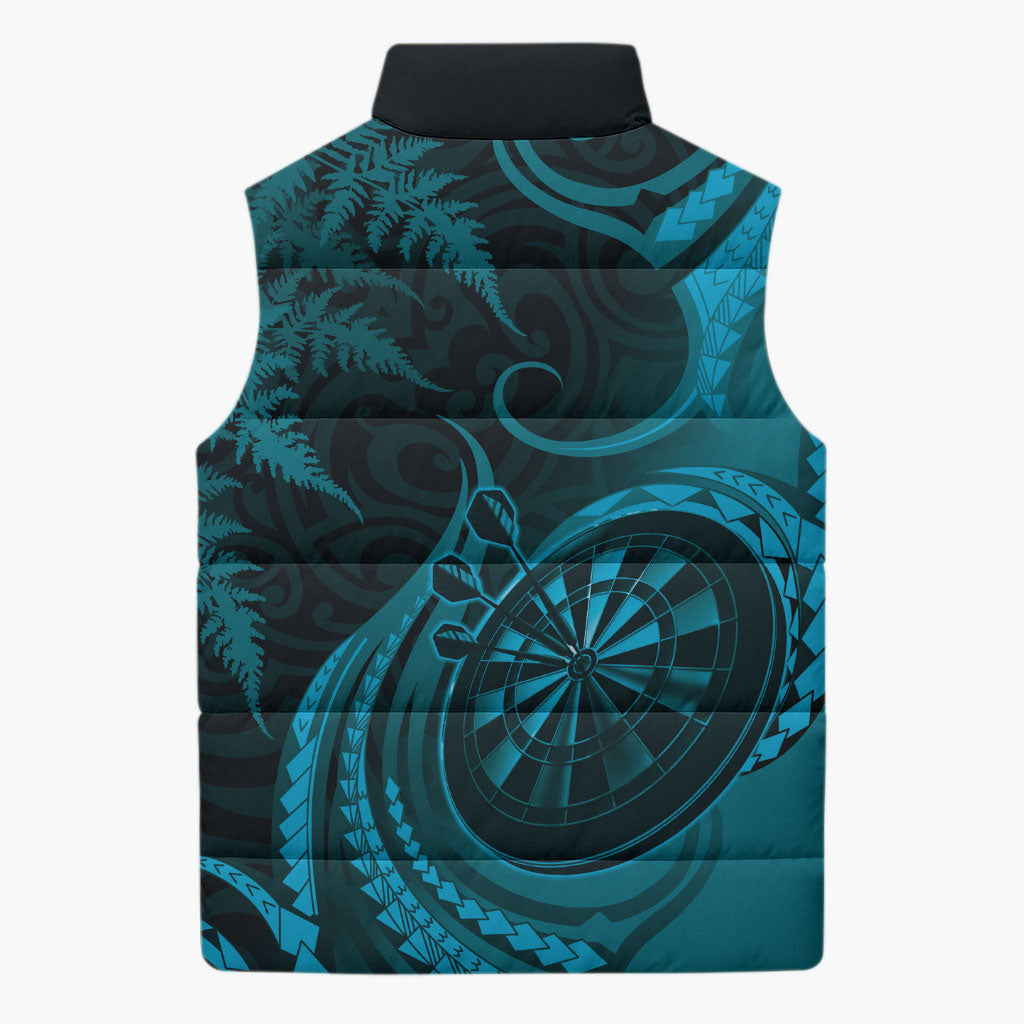 Personalised New Zealand Turquoise Darts Sleeveless Puffer Jacket Maori Fern Curve Style