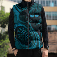 Personalised New Zealand Turquoise Darts Sleeveless Puffer Jacket Maori Fern Curve Style