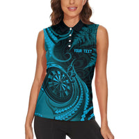 Personalised New Zealand Turquoise Darts Women Sleeveless Polo Shirt Maori Fern Curve Style