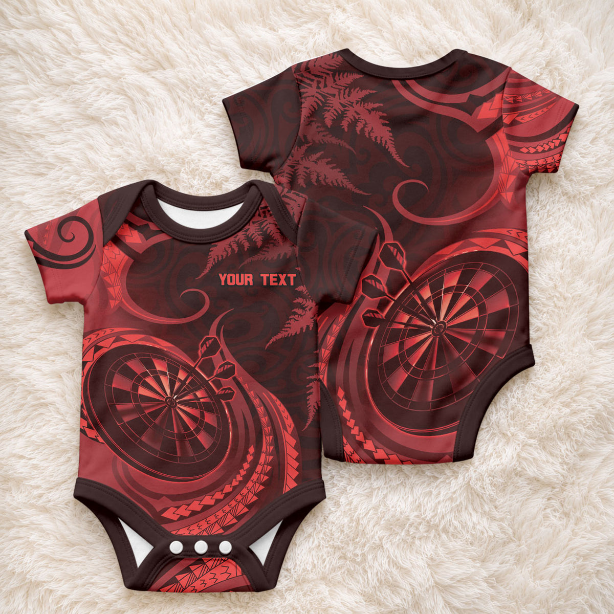 Personalised New Zealand Red Darts Baby Onesie Maori Fern Curve Style