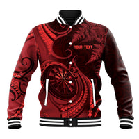 Personalised New Zealand Red Darts Baseball Jacket Maori Fern Curve Style
