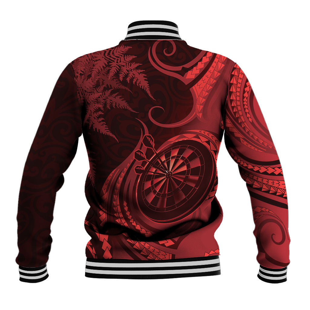 Personalised New Zealand Red Darts Baseball Jacket Maori Fern Curve Style