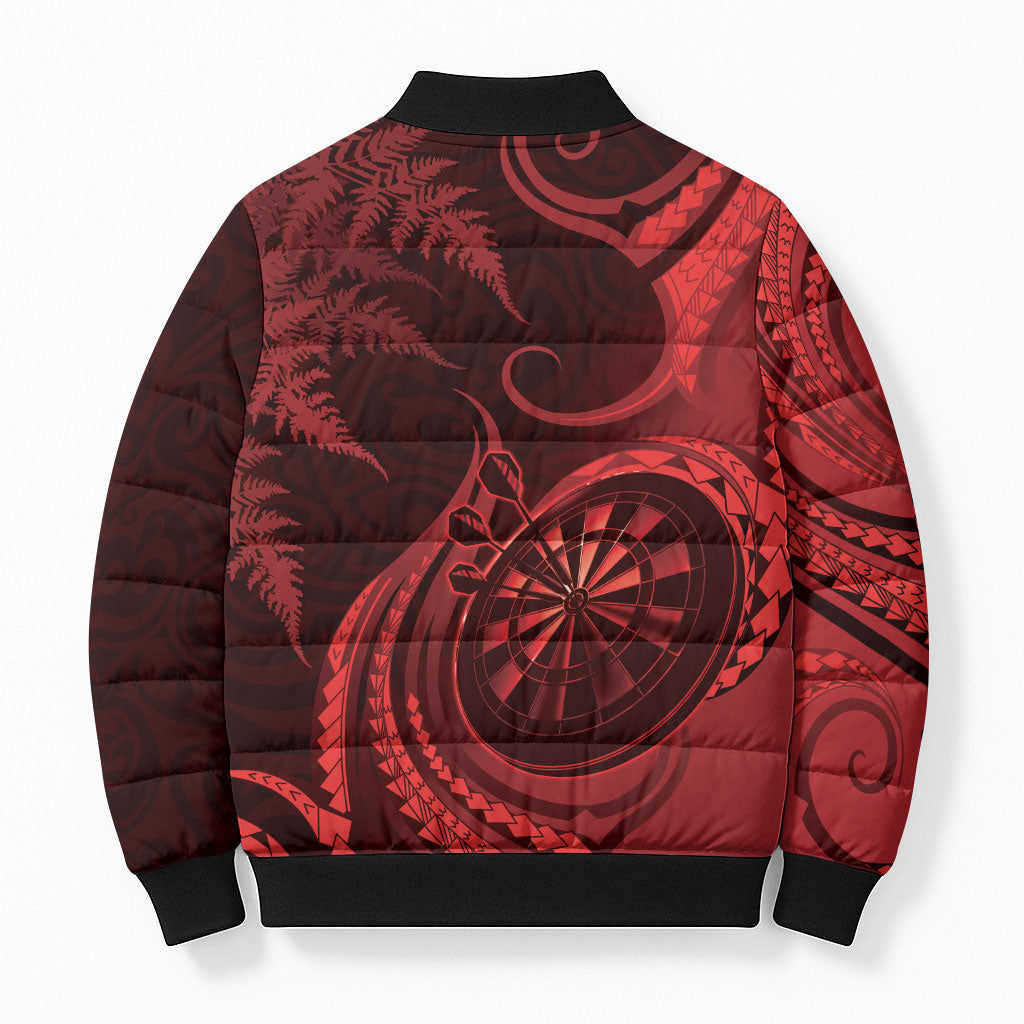 Personalised New Zealand Red Darts Bomber Puffer Jacket Maori Fern Curve Style
