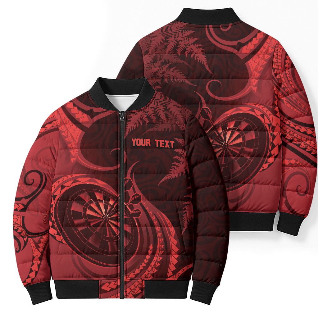 Personalised New Zealand Red Darts Bomber Puffer Jacket Maori Fern Curve Style
