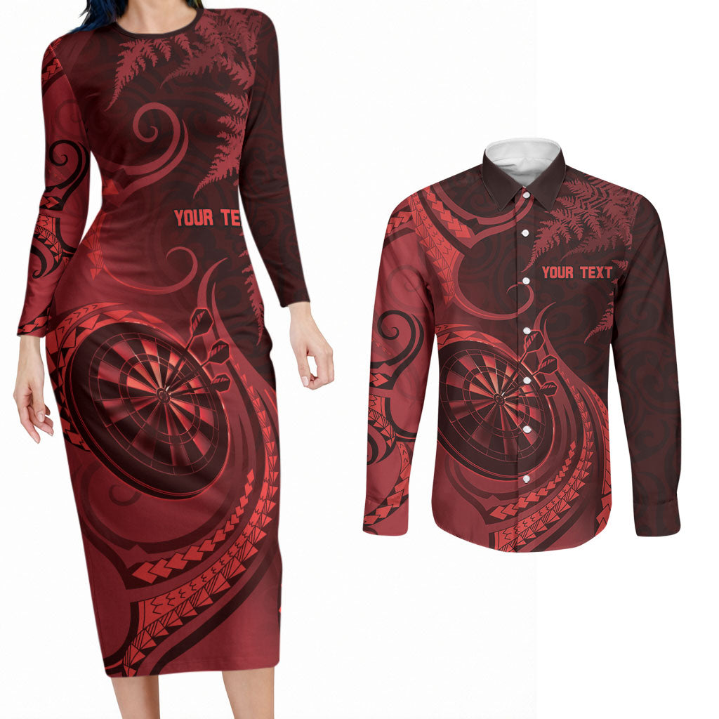 Personalised New Zealand Red Darts Couples Matching Long Sleeve Bodycon Dress and Long Sleeve Button Shirt Maori Fern Curve Style