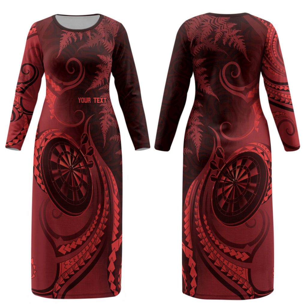 Personalised New Zealand Red Darts Couples Matching Long Sleeve Bodycon Dress and Long Sleeve Button Shirt Maori Fern Curve Style