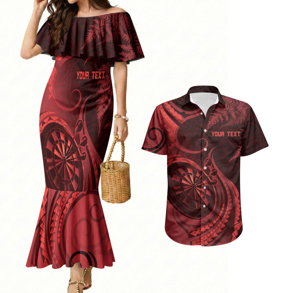 Personalised New Zealand Red Darts Couples Matching Mermaid Dress and Hawaiian Shirt Maori Fern Curve Style
