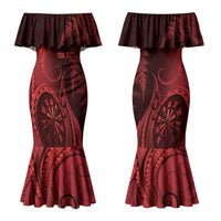 Personalised New Zealand Red Darts Couples Matching Mermaid Dress and Long Sleeve Button Shirt Maori Fern Curve Style
