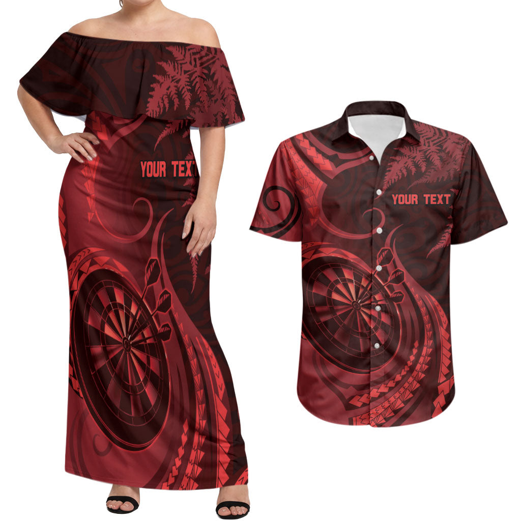 Personalised New Zealand Red Darts Couples Matching Off Shoulder Maxi Dress and Hawaiian Shirt Maori Fern Curve Style