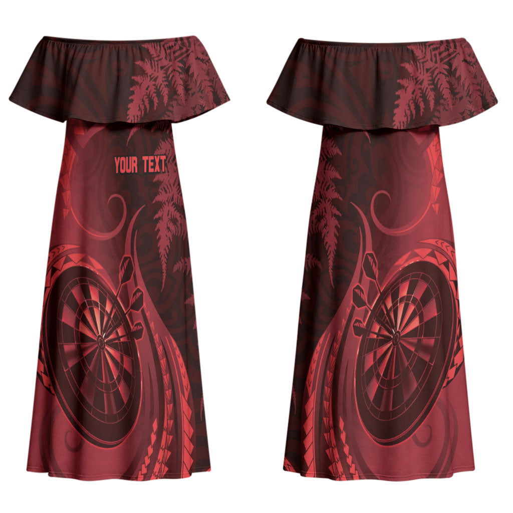 Personalised New Zealand Red Darts Couples Matching Off Shoulder Maxi Dress and Hawaiian Shirt Maori Fern Curve Style