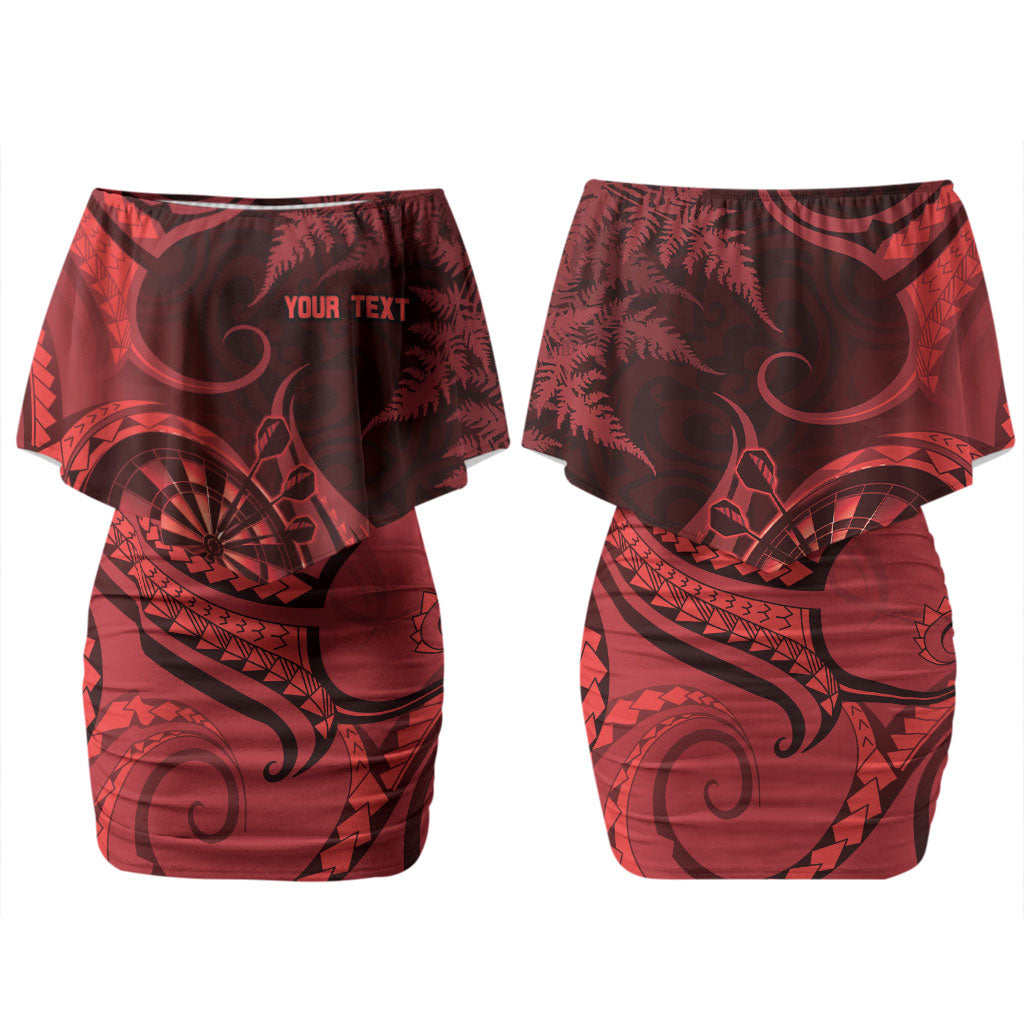 Personalised New Zealand Red Darts Couples Matching Off Shoulder Short Dress and Long Sleeve Button Shirt Maori Fern Curve Style