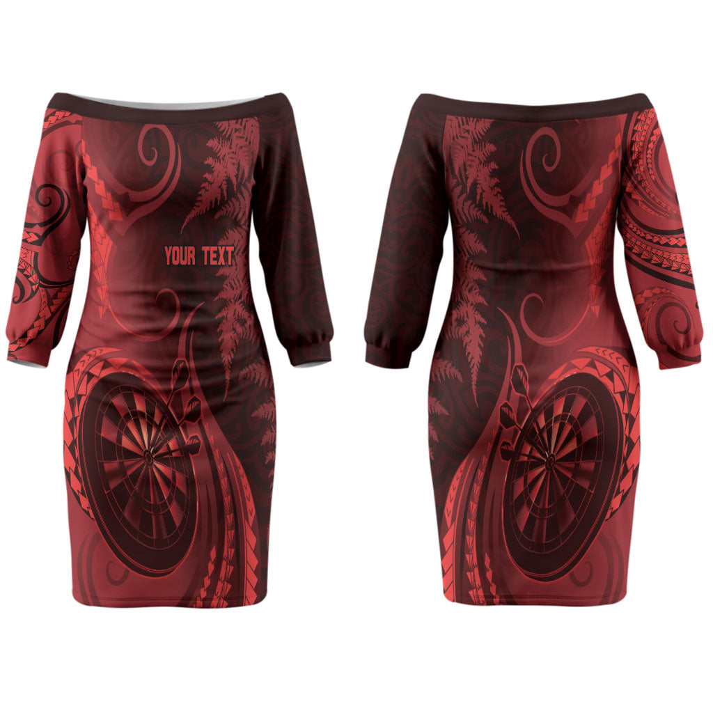 Personalised New Zealand Red Darts Couples Matching Off The Shoulder Long Sleeve Dress and Hawaiian Shirt Maori Fern Curve Style